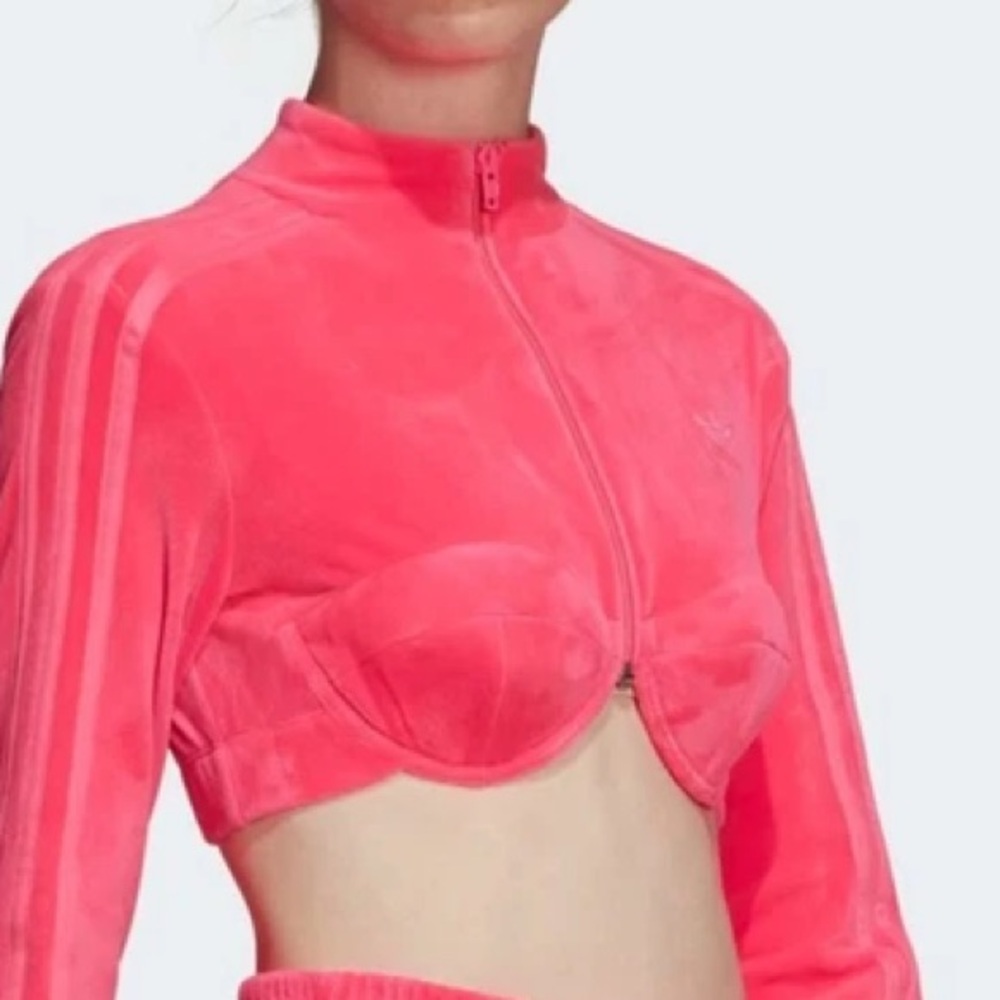 NWT Adidas x Jeremy Scott Cropped Bustier Pink Velour Zip Track Jacket Preppy - Picture 7 of 13